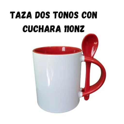 Taza dos tonos rojo con cuchara 11onz